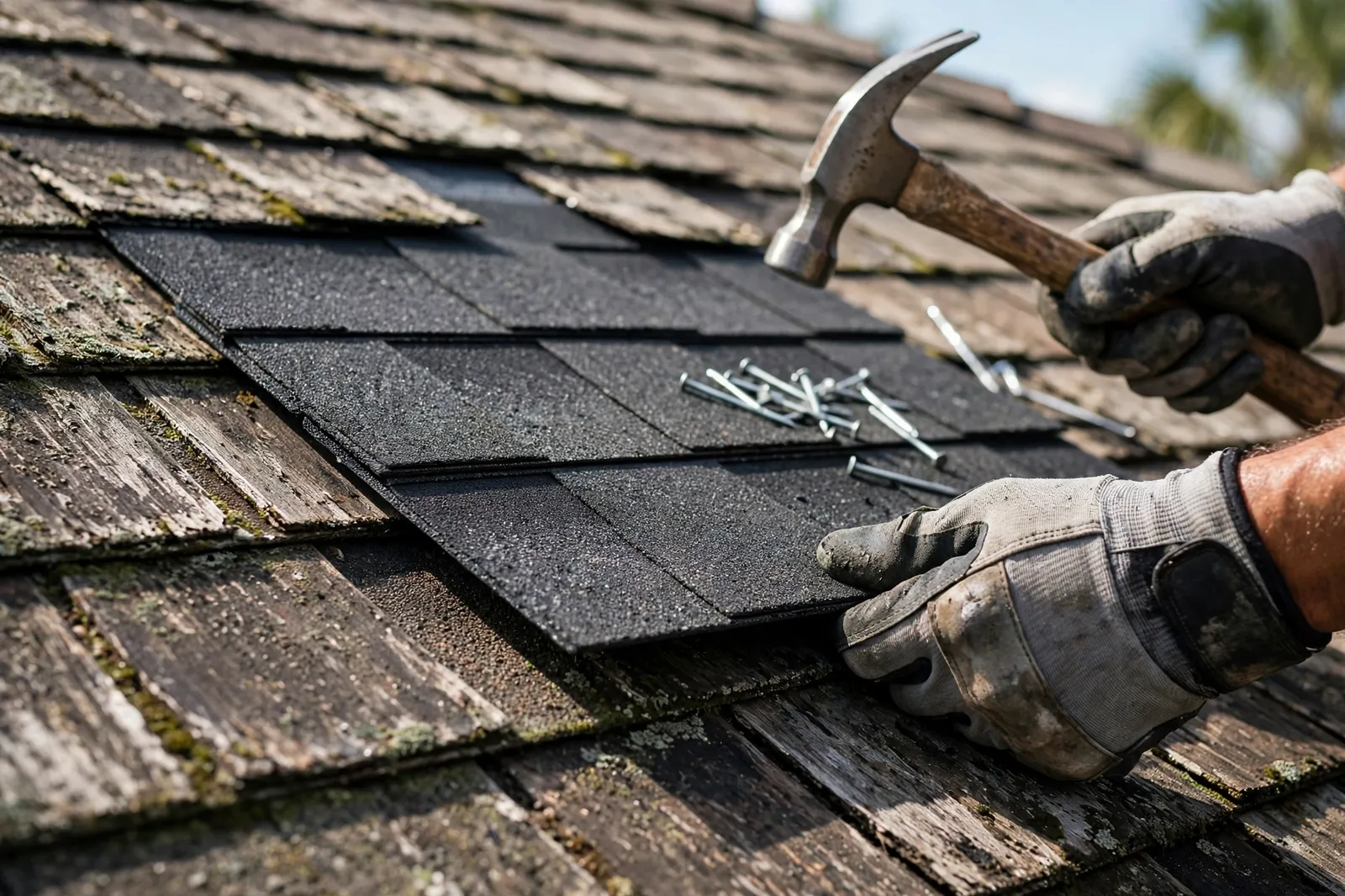 Hands installing an architectural shingle on a home in Arlington, Florida
