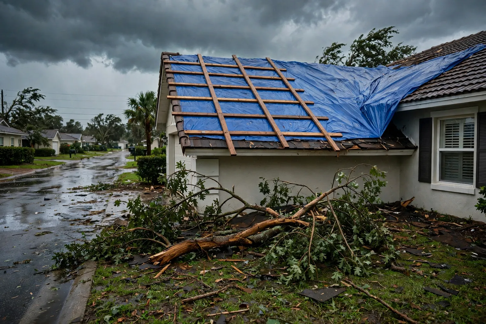 Emergency tarp secured over storm damage on a home in San Marco, Florida