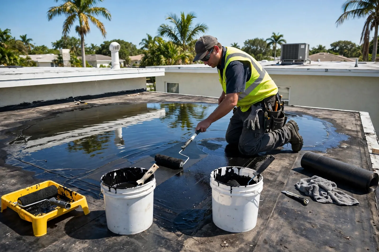 Roofer patching a flat roof section on a home in Southside, Florida