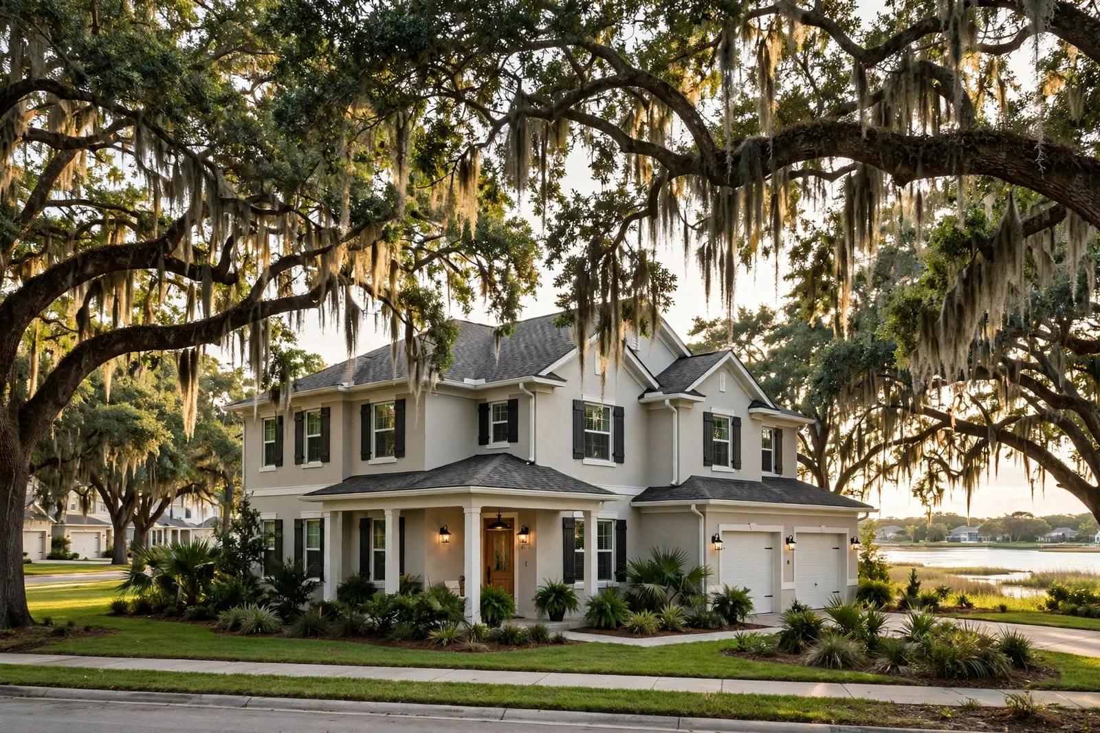 Roofer carrying shingles up a ladder at a home in Fleming Island, Florida