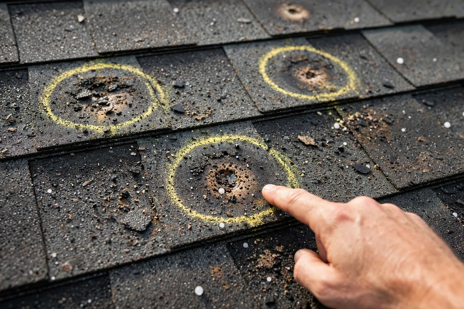 Chalk-marked hail hits on shingles at a home in Arlington, Florida