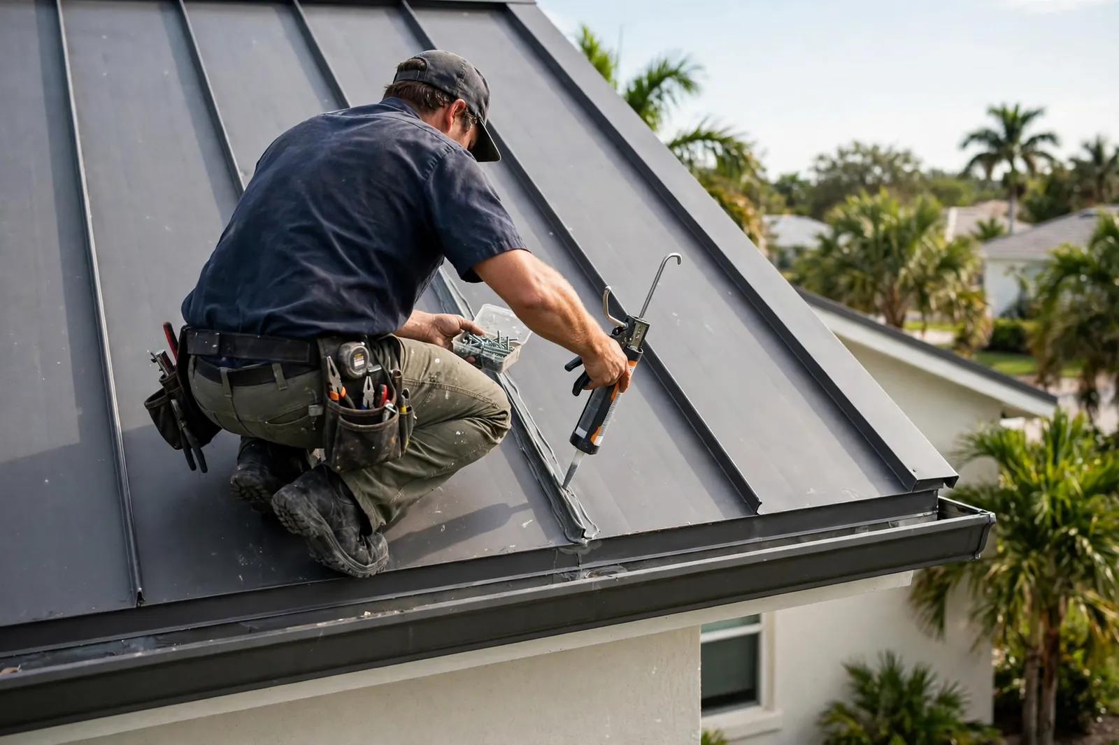 Roofer repairing a seam on a metal roof at a home in Bartram Park, Florida