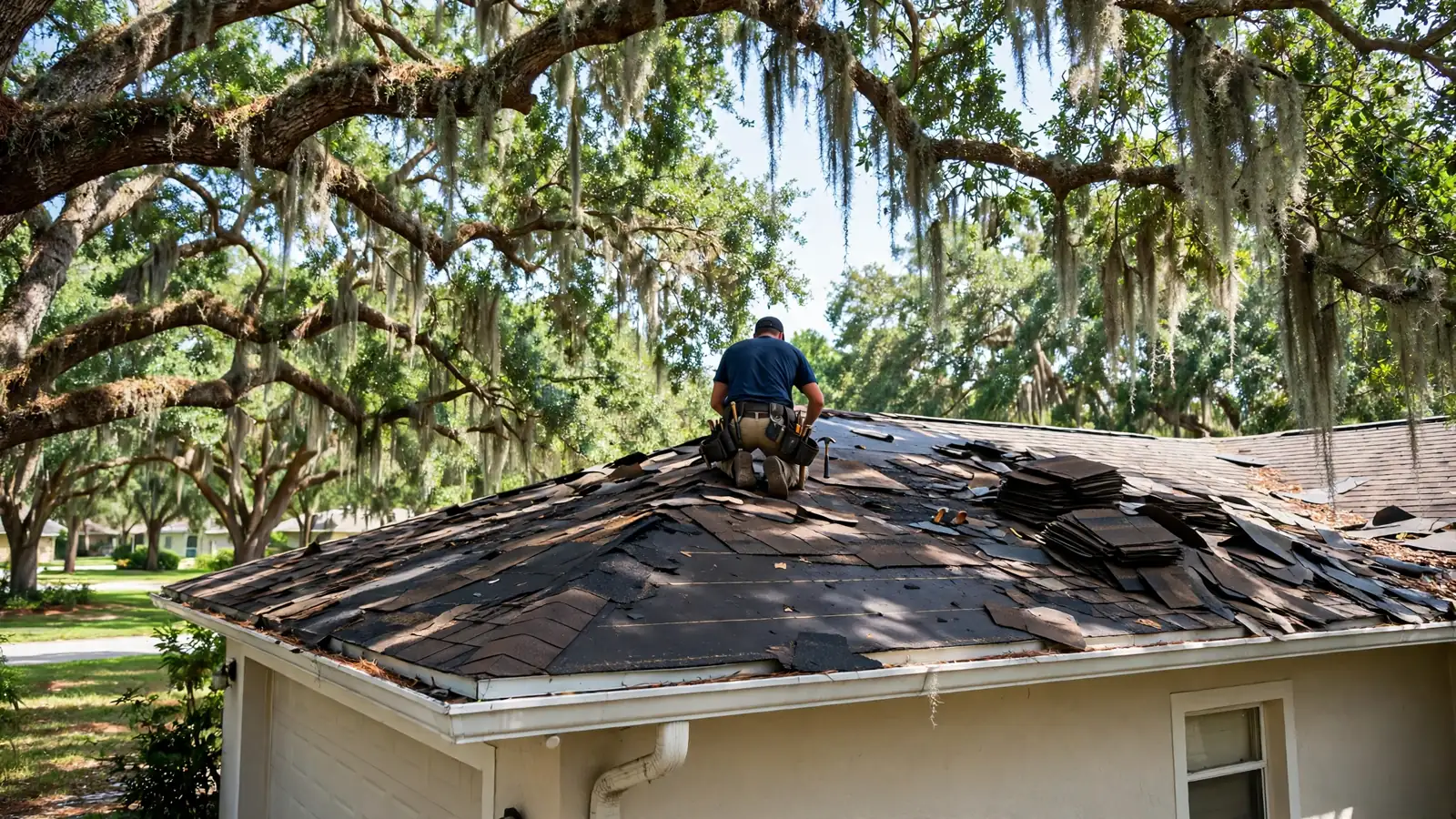 Orange Park roof repair: worker replacing damaged shingles on a Clay County home