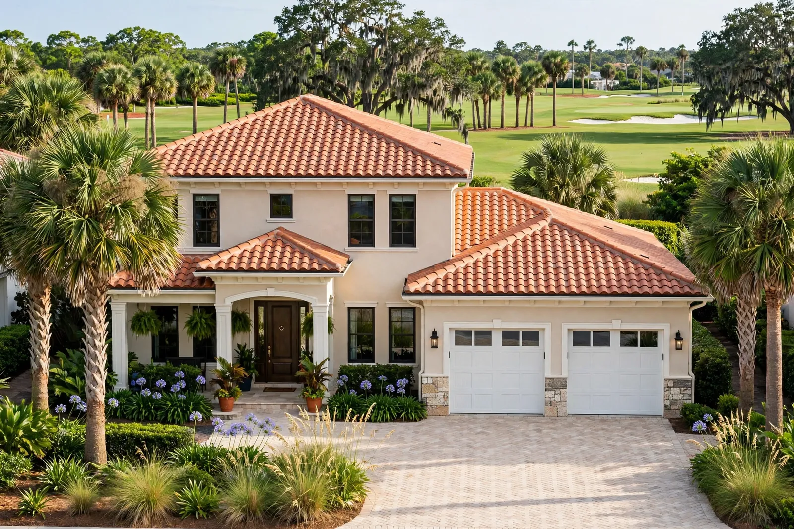 Roofer carrying shingles up a ladder at a home in Sawgrass, Florida