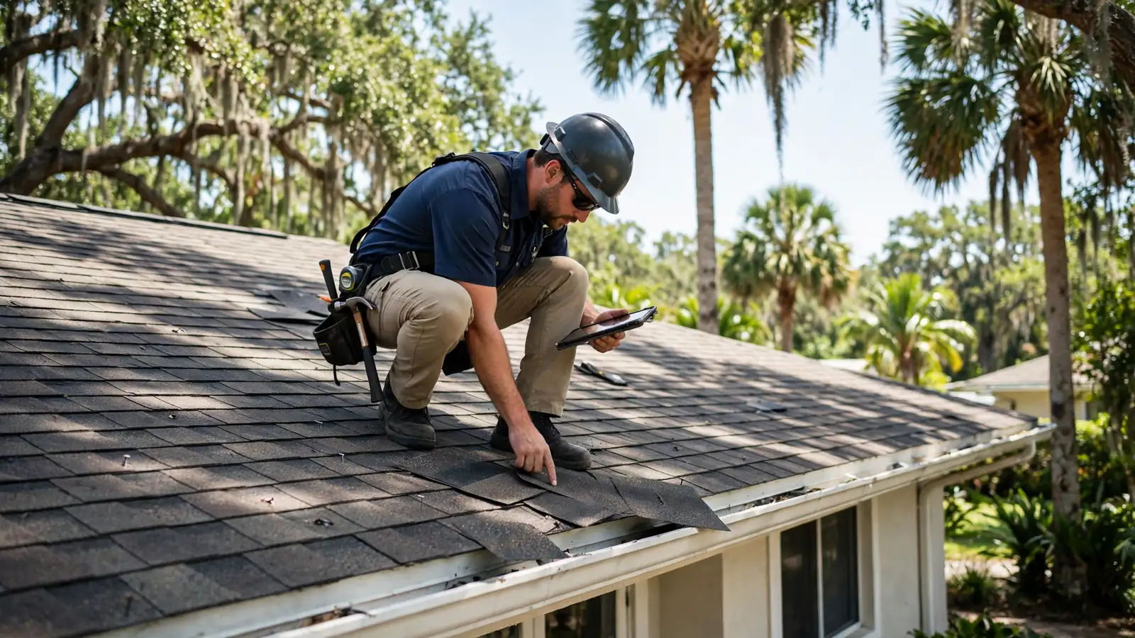 Roof inspection in Jacksonville: inspector checking shingle rows and flashing on a Florida home