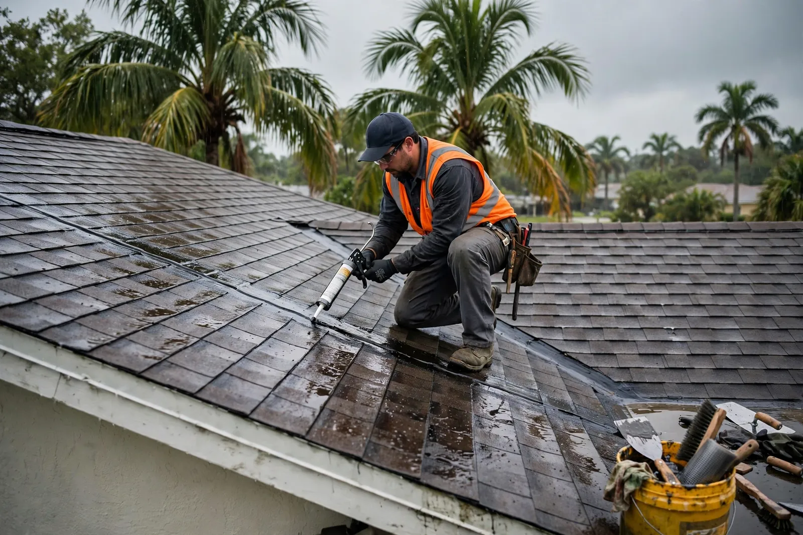 Roofer sealing a leaking roof valley on a home in Historic Springfield, Florida