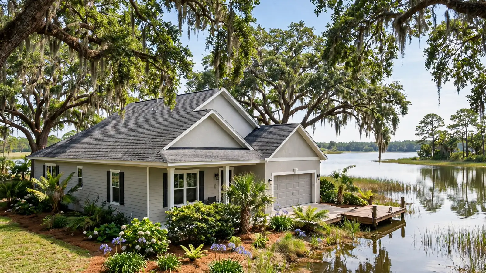 Roof leak repair in Lakeside: sealed flashing and new shingles above a Doctors Lake home