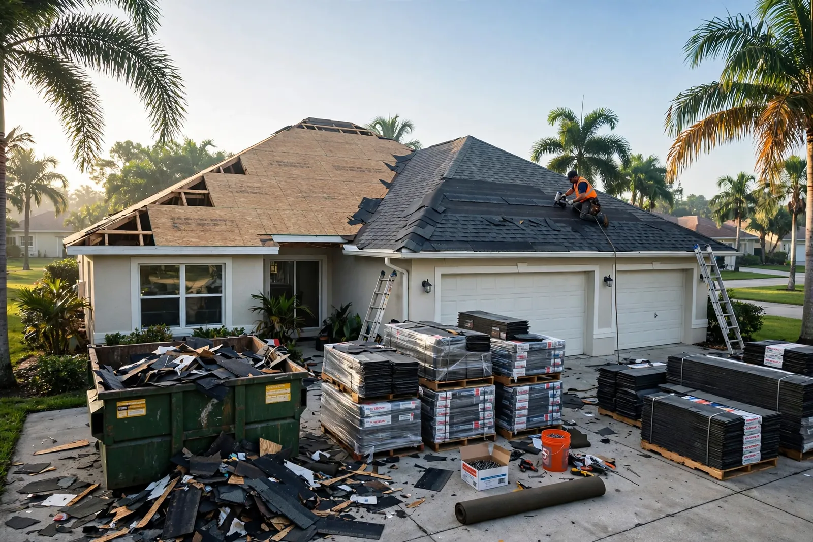 Crew installing a new roof on a home in Nocatee, Florida