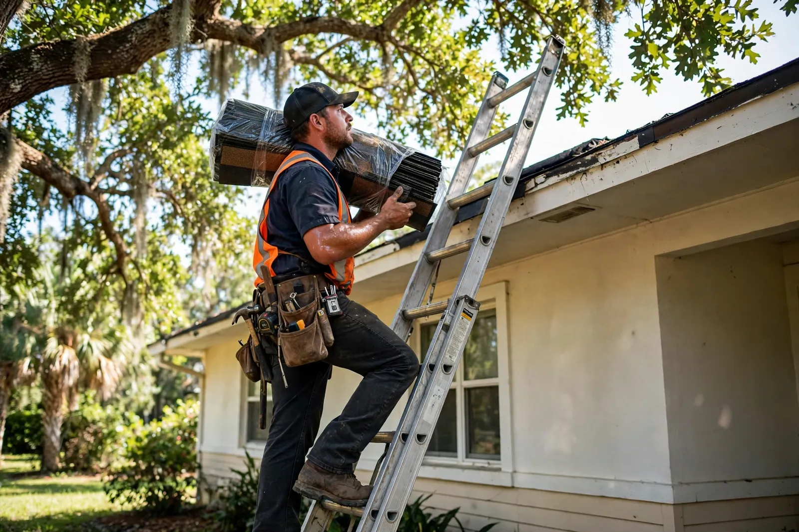 Roofer carrying shingles up a ladder at a home in Avondale, Florida