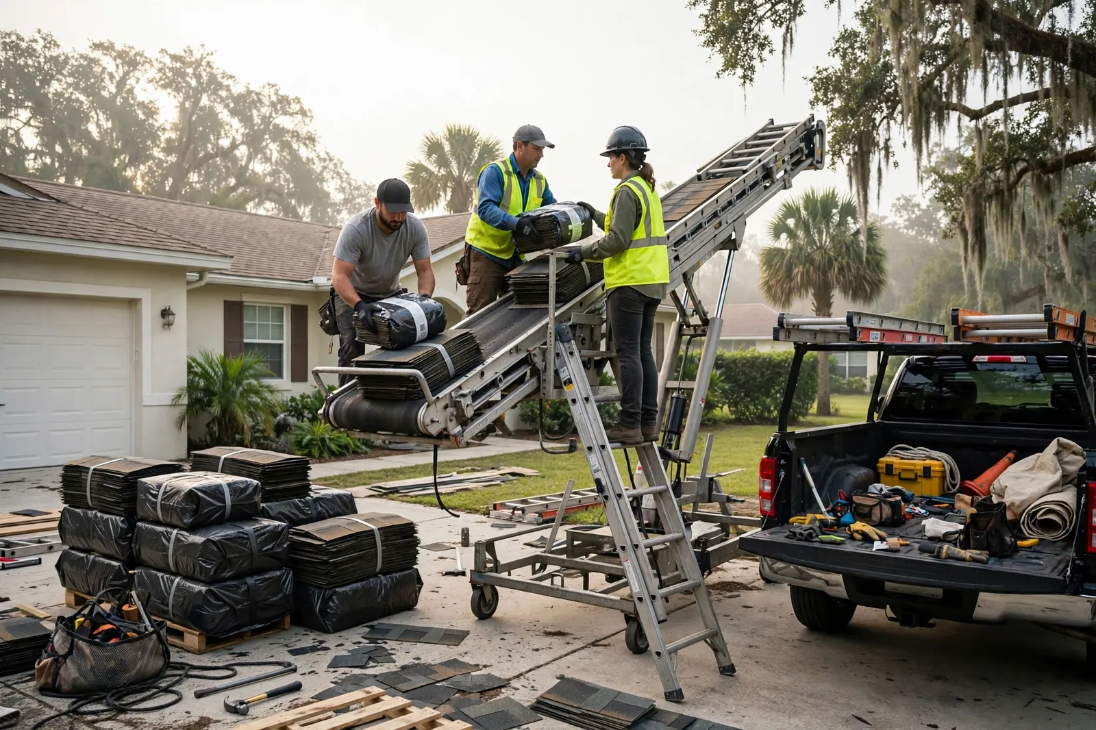 Roofing crew loading shingles at a home in Westside, Florida
