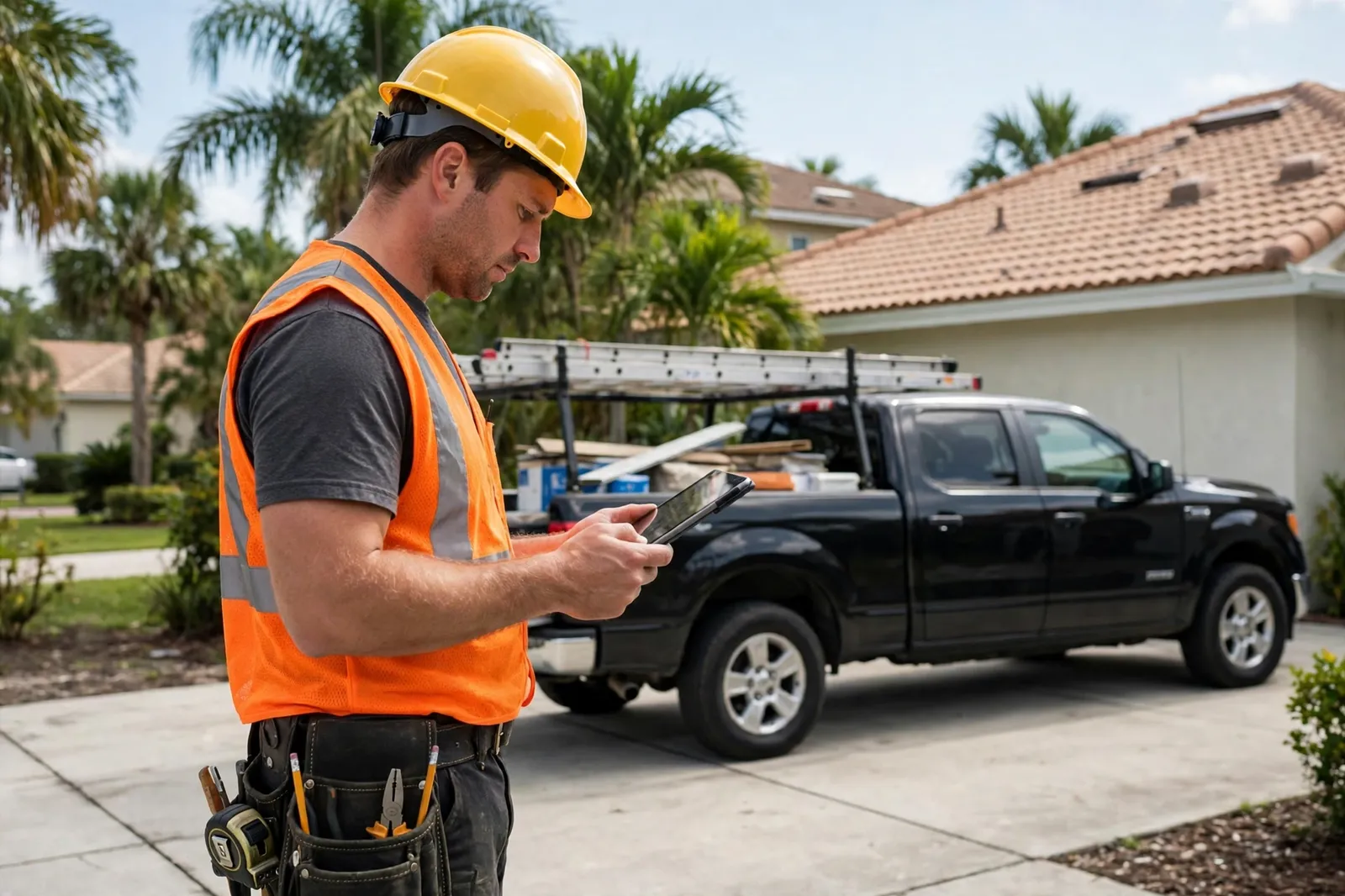 Roofing contractor reviewing a roof from a driveway in Baymeadows, Florida