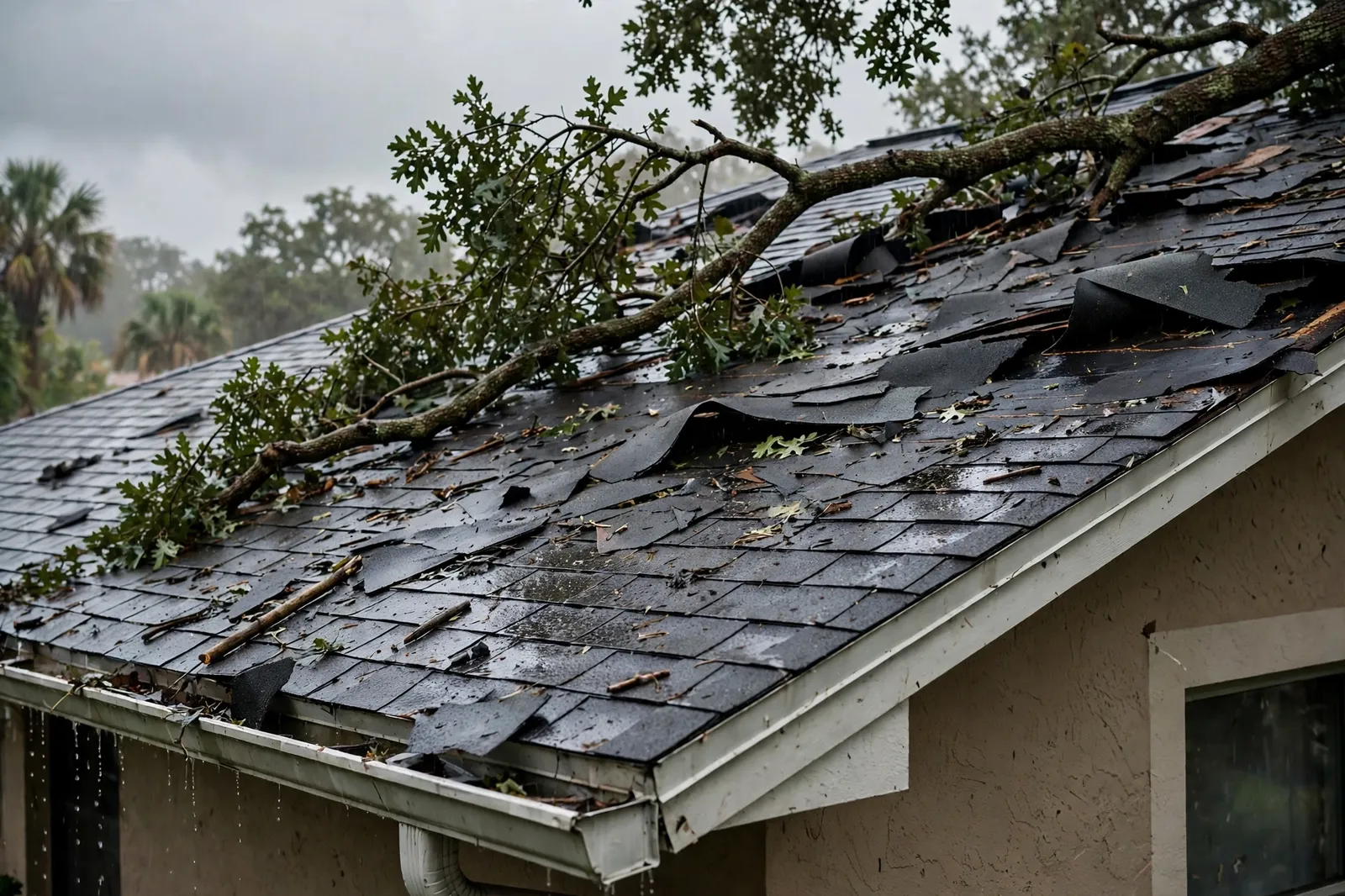 Storm-lifted shingles and a fallen limb on a home in Historic Springfield, Florida